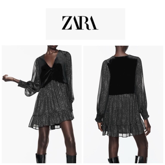 Zara Black With Gold Glitter Sheer Mini Dress With Velvet Vest In S - Picture 1 of 12